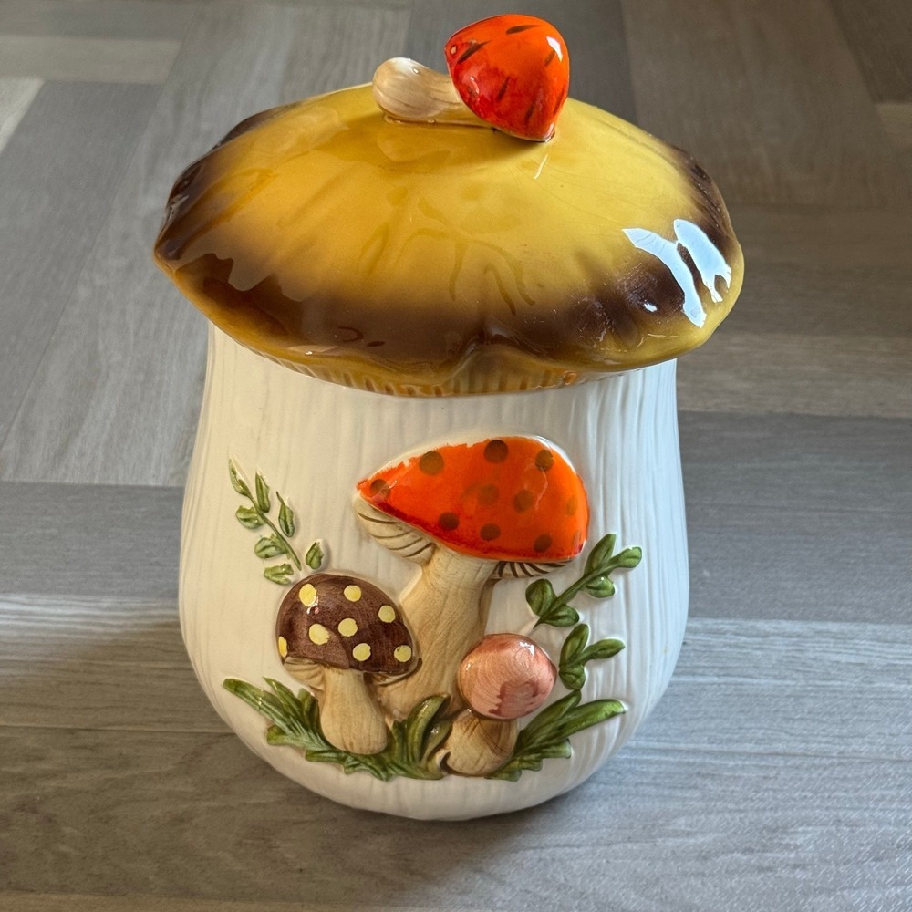 Vintage Ceramic Mushroom Canister Jar with Lid Cottagecore Decor Merry Mushroom